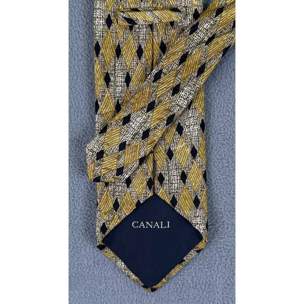 Canali Tie Mens Gold Yellow Geometric Argyle Silk Made In Italy Quiet Luxury